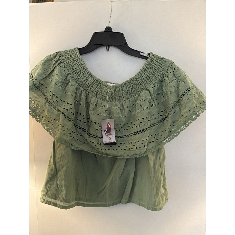 Sofia Vergara Eyelet Off Shoulder Peasant Top Olive Green Boho Smocked Womens XS